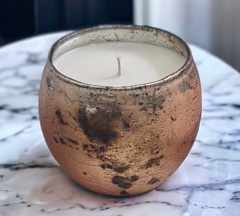 a candle with a candle in a distressed gold glass votive