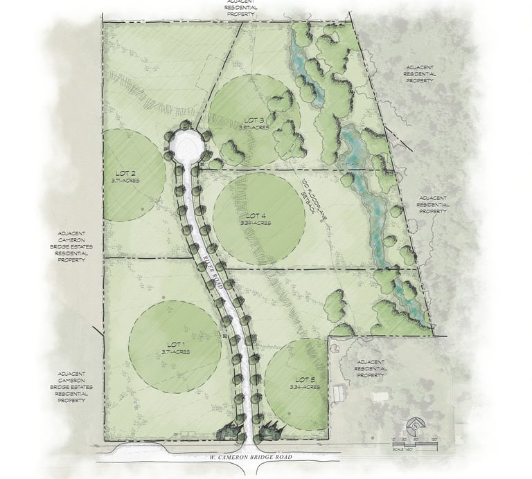 a drawing of a landscaped area with a pond and a pond