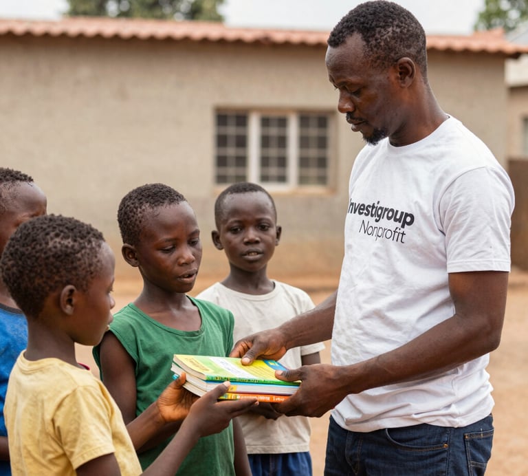 Smiling children receiving school supplies at a community event.