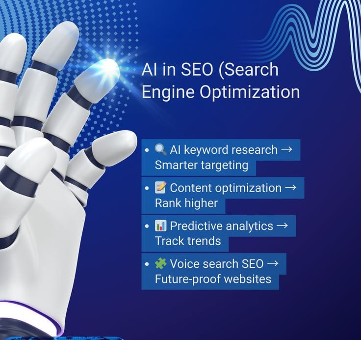 AI hand demonstrating SEO optimization tools and features.