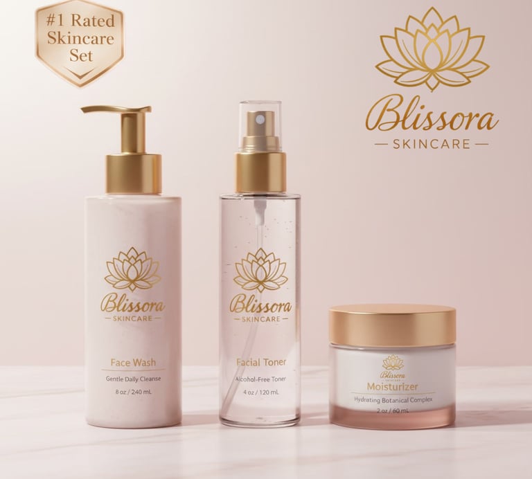 Blissora Skincare set featuring face wash, facial toner, and botanical moisturizer in elegant gold and pink packaging.