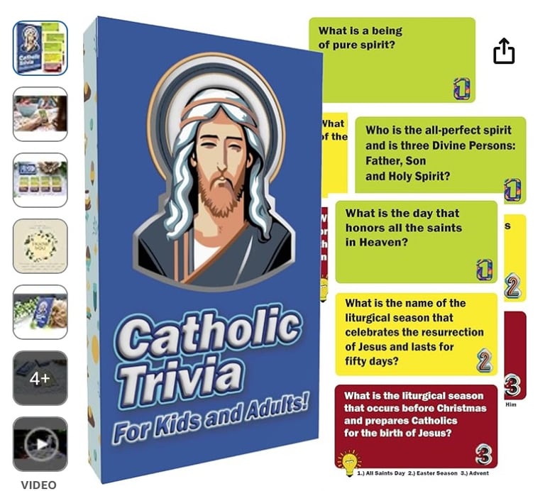 Picture of the Catholic Trivia Game and cards in the deck that come with the game.