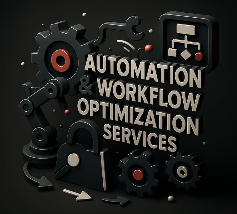 3D illustration of gears, robotic arm, and flowchart icons representing automation and workflow opti