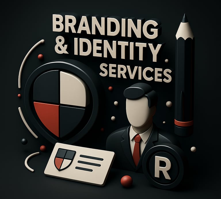 Visual of a faceless professional, shield icon, and pencil symbolizing branding and identity design 