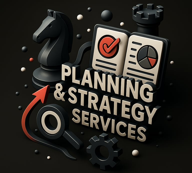 Chess pieces, documents with charts, and magnifying glass icon representing planning and business st
