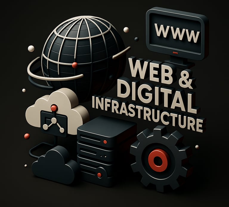 Globe, cloud server, and website icons illustrating web hosting and digital infrastructure services