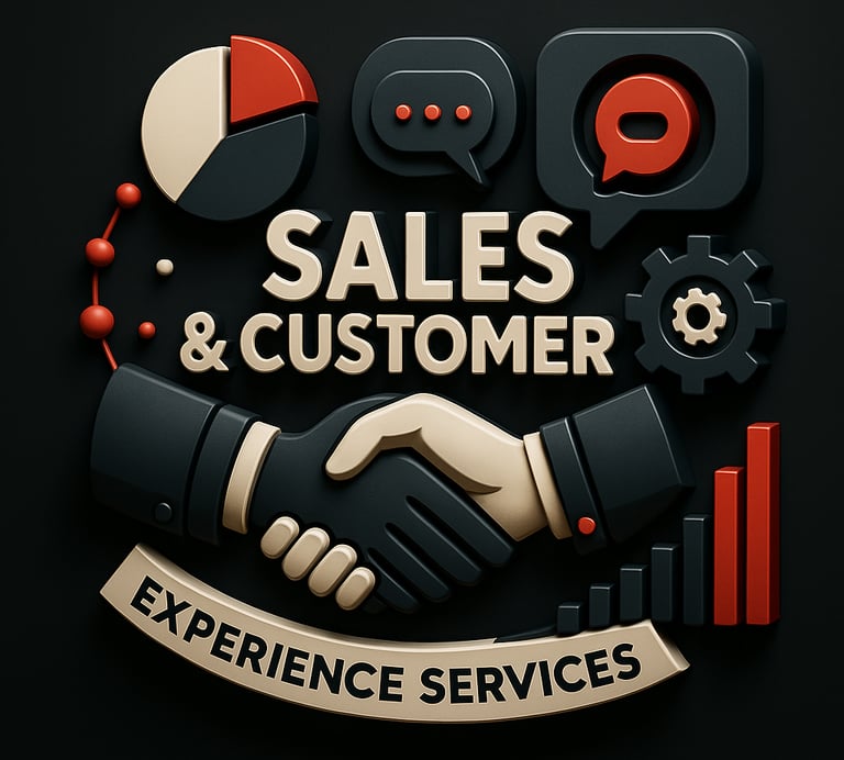 Handshake graphic with chat bubbles and pie charts representing sales and customer experience servic