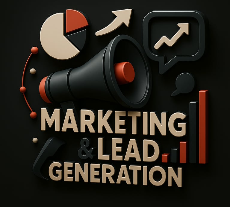 Megaphone, growth chart, and pie chart representing marketing and lead generation strategies