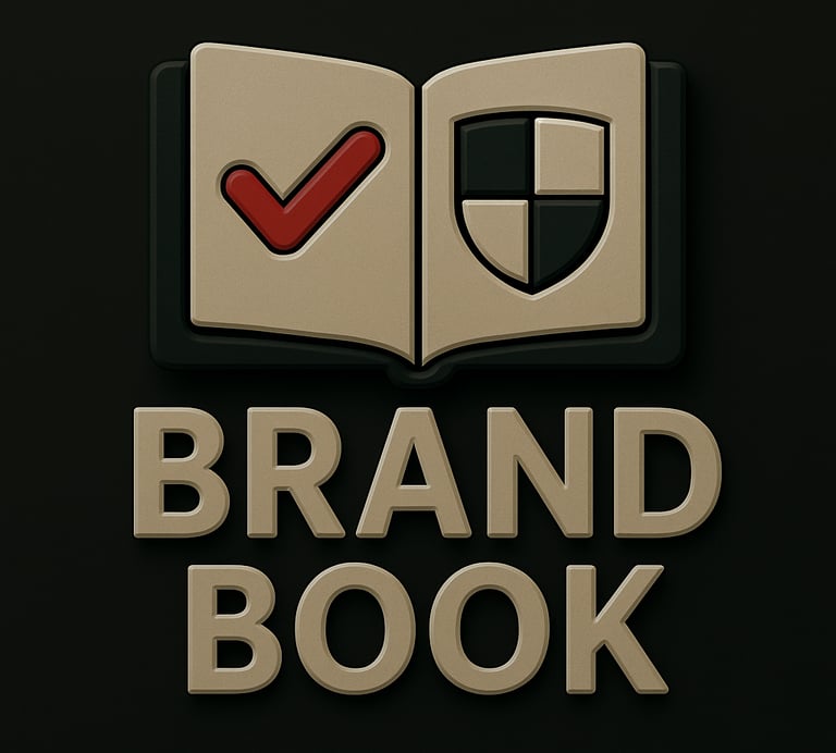 Open book with checkmark and shield symbolizing comprehensive brand book documentation and identity 