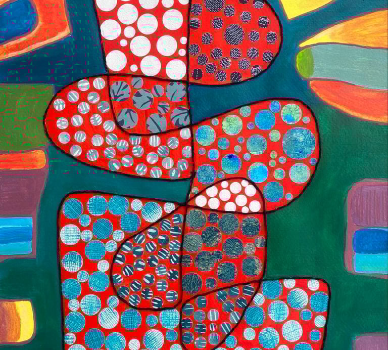 Collage sur papier rouge et turquoise