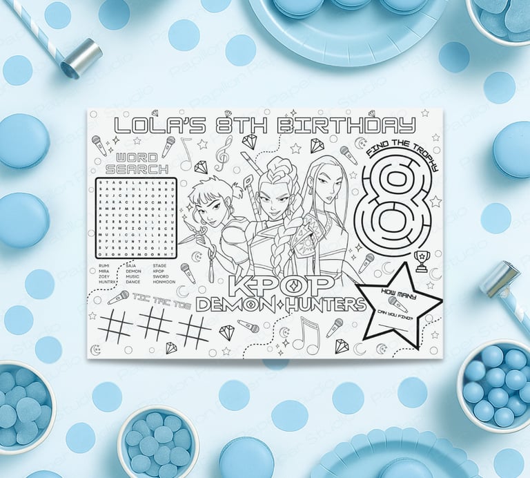 Printable KPop Demon Hunter activity sheets featuring word search, maze, and coloring page for kids.