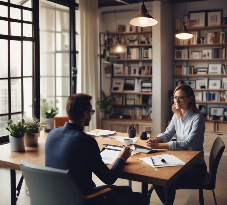 Two women stand in an office environment, looking at a large digital display on the wall showcasing a social media feed. One woman is smiling and gesturing with her hand. The area is modern and well-lit, with a small white cabinet featuring multicolored drawers in the foreground. Clear glass doors and partitions define the space, indicating a professional setting.