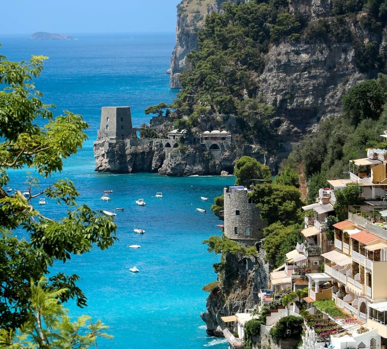 Amalfi Coast with cliffs and the turquoise Tyrrhenian Sea