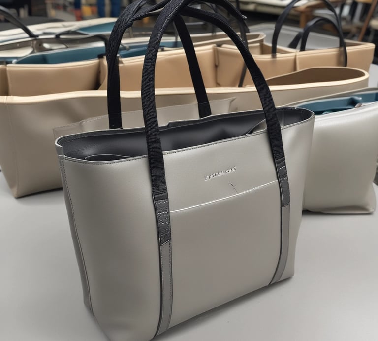 A colorful array of cosmetic and yoga bags neatly displayed on shelves.