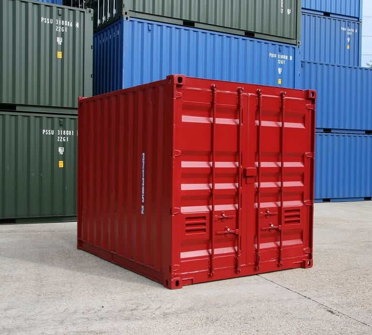 A small red metal shipping container sitting on concrete in front of blue and green cargo containers.