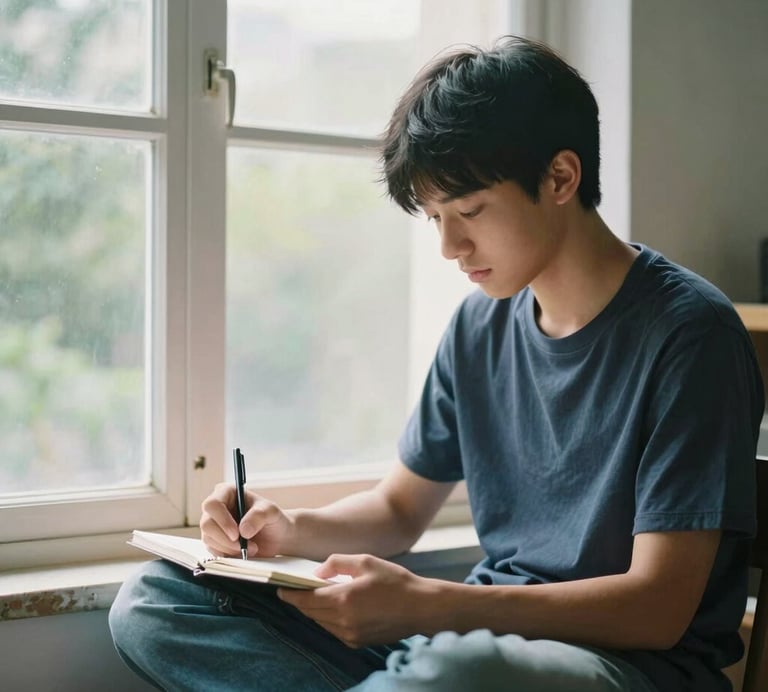 A high school student sits comfortably by a wide window at home, writing in a notebook in soft, natural daylight, calm expression.