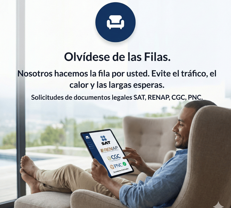 A man relaxing at home using a tablet to process SAT and RENAP legal documents online.