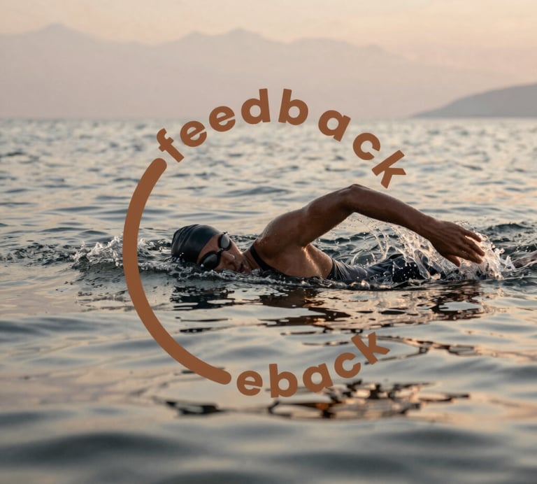 Swimmer training in open sea with calm waves under a golden sunrise.