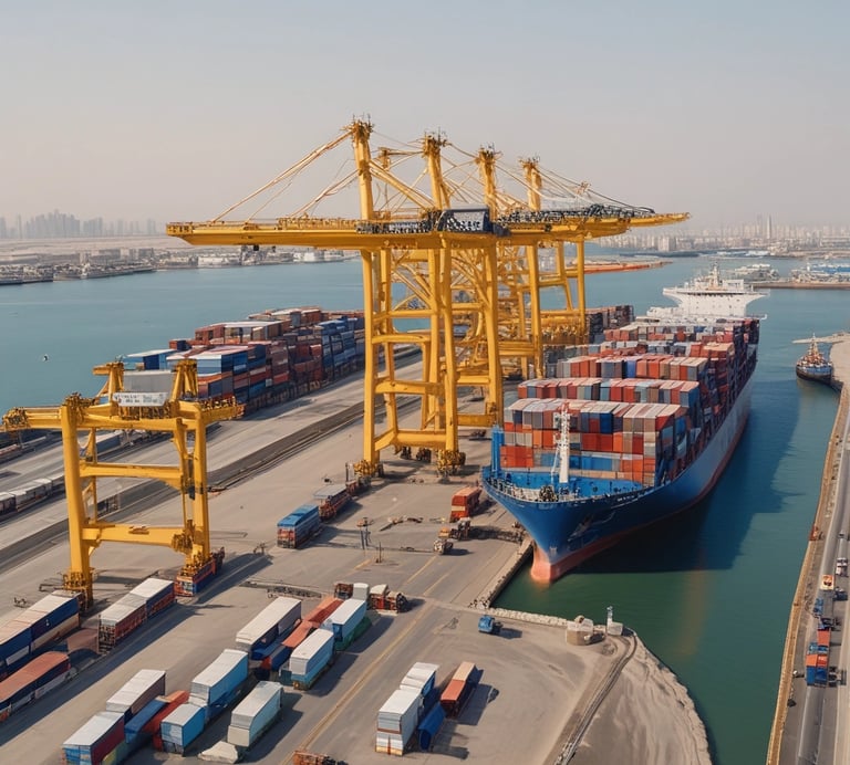 Aerial view of a busy shipping port with cargo containers, docks, and freight ships in blue coastal water.