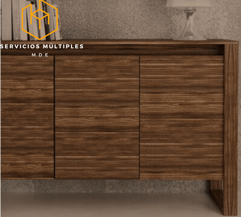 a wooden cabinet with a brown wooden cabinet and a white wall