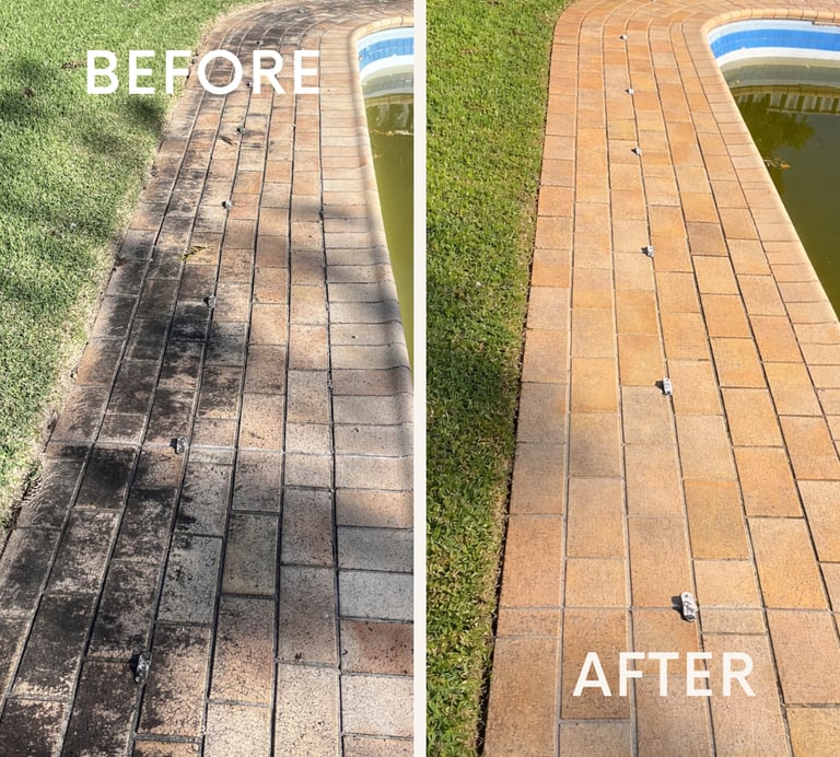 pool side pressure clean before and after with a massive difference