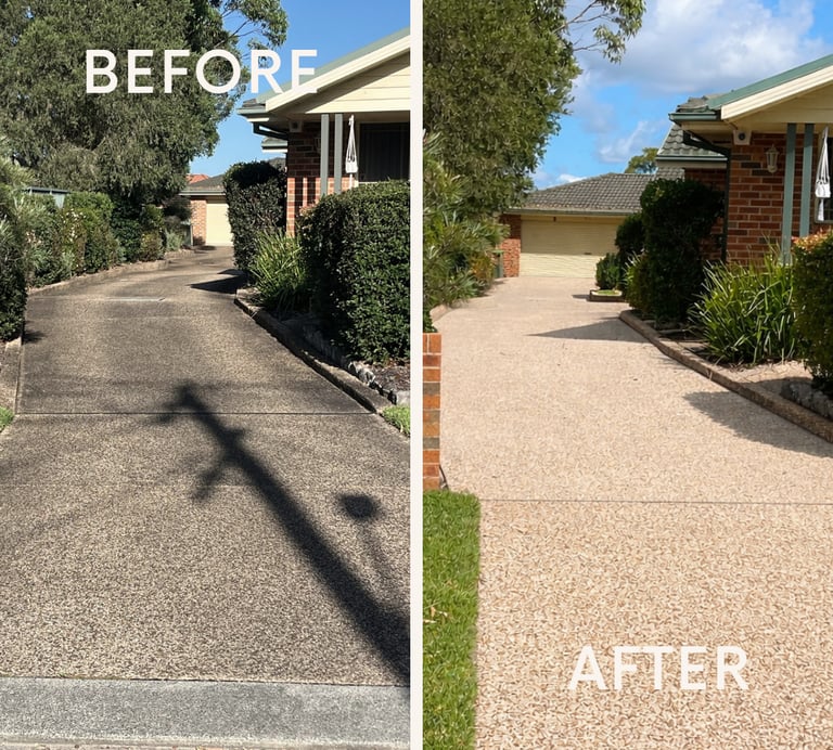 Before and after of a pressure cleaned multi unit strata pebblecrete driveway