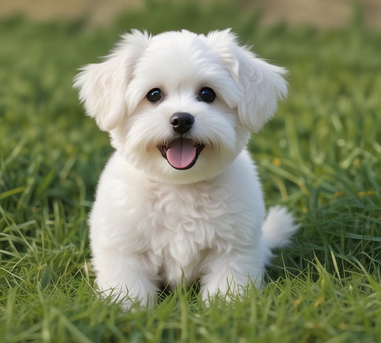 a small white Maltese dog standing on top of a lush green field