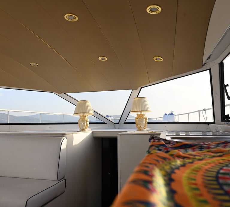 a couch and a table in a boat