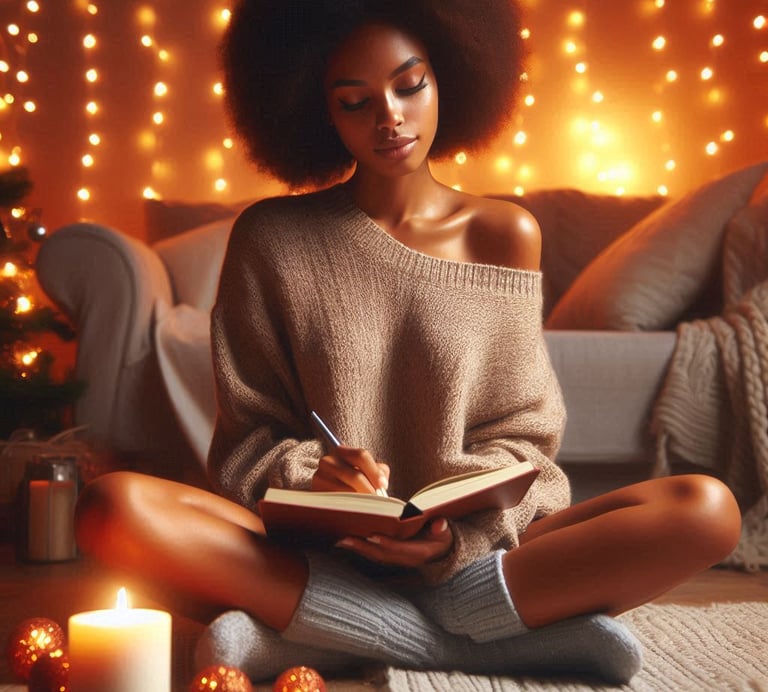 Flat lay of healing tools including journal, candle, tea, and affirmation cards