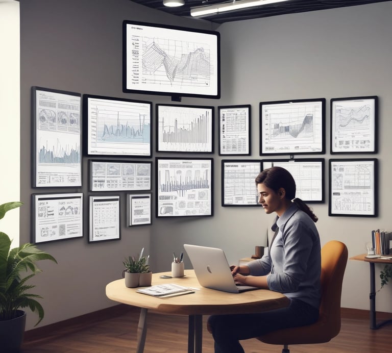 a woman sitting at a desk with a laptop computer