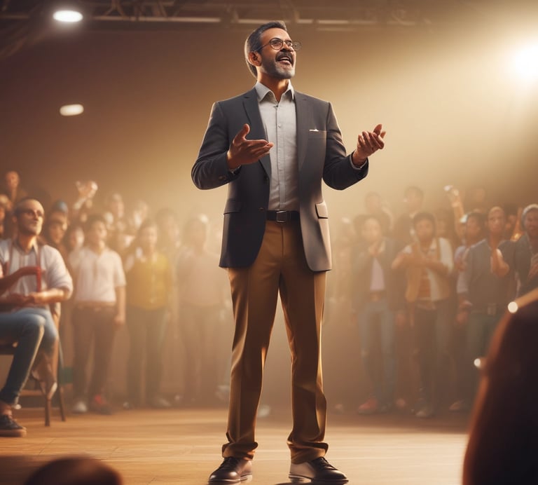 a man in a suit and tie standing in front of a crowd