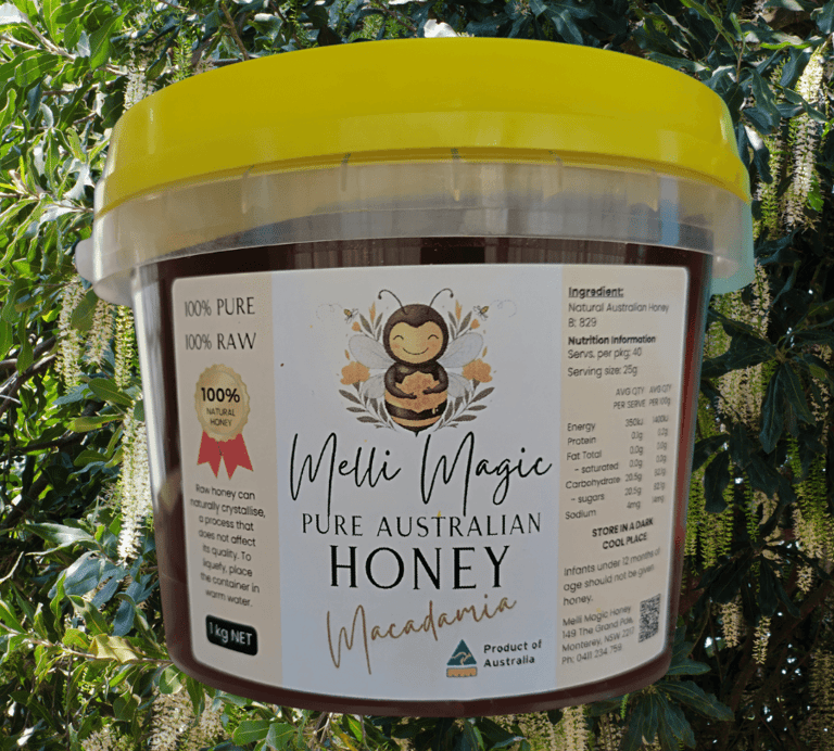 Melli Magic 1kg tub of pure raw Australian Macadamia honey set against macadamia trees background.