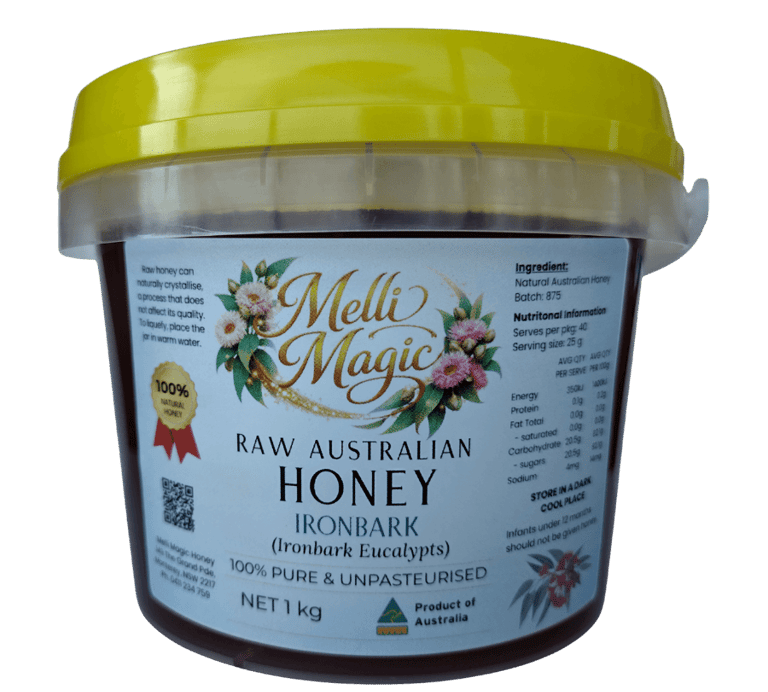 raw ironbark australian honey 1kg tub with a yellow lid