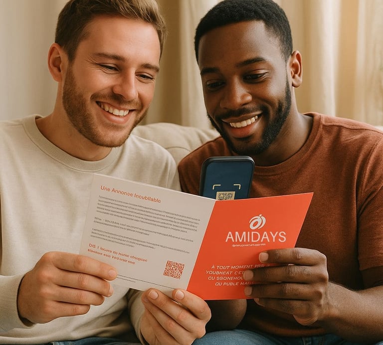 Couple souriant scannant un QR code sur une carte du coffret mariage Amidays pour accéder aux ressou