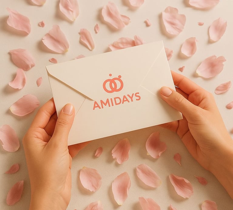 Enveloppe du coffret mariage Amidays tenue entre deux mains sur fond de pétales de rose