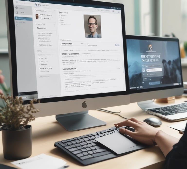 A computer monitor displays a webpage from HelpDesk Heroes, featuring a contact address and email. Social media icons including Facebook, LinkedIn, Twitter, Instagram, and Pinterest are visible. The screen also shows a Trustpilot rating. A stack of cookies is partially visible at the bottom of the image, and part of a keyboard can be seen in the foreground.