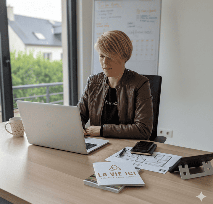Betty Papail travaillant sur une estimation immobilière à son bureau de Pluneret pour La Vie Ici