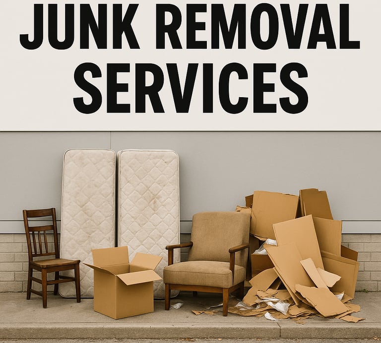 A junk removal services sign showing images of old furniture, old mattresses, and empty boxes