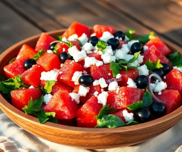 a bowl of watermelon salad with feta cheese