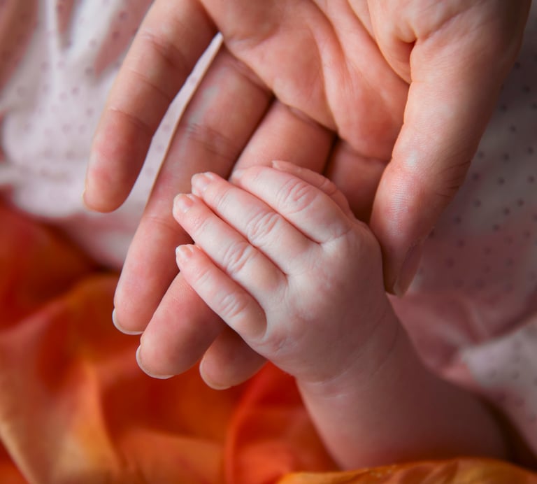 Mother holding a newborn baby's hand