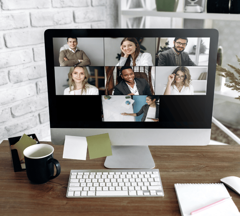 a computer monitor screen showing a video conference