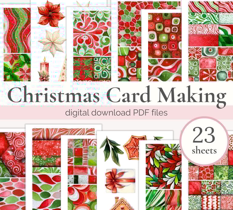 Printable Christmas card making sheets in red and green colors
