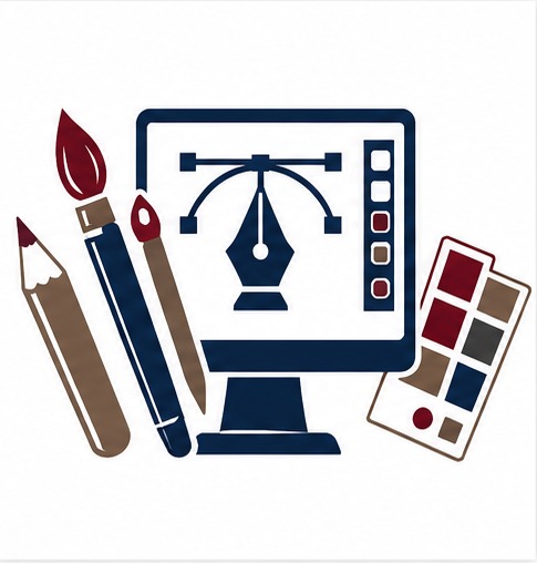 graphic design icon featuring a monitor, along with a pencil, paintbrush, and color swatches