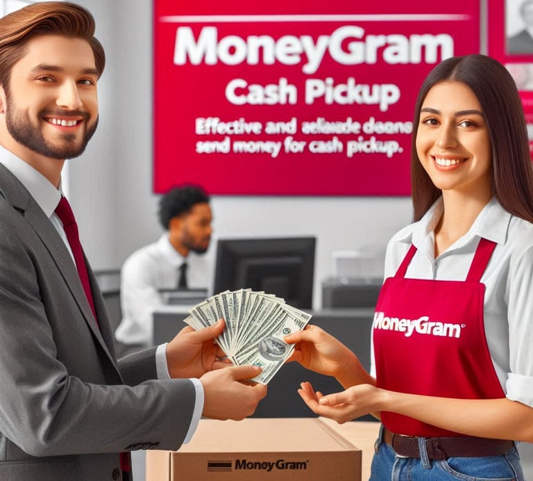 alt="Agente de MoneyGram entregando dinero en efectivo a un cliente en una oficina, fondo con señali