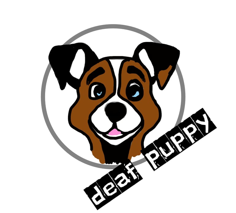 Deaf puppy logo is a 2D drawing of a smiling brown puppy in a circle