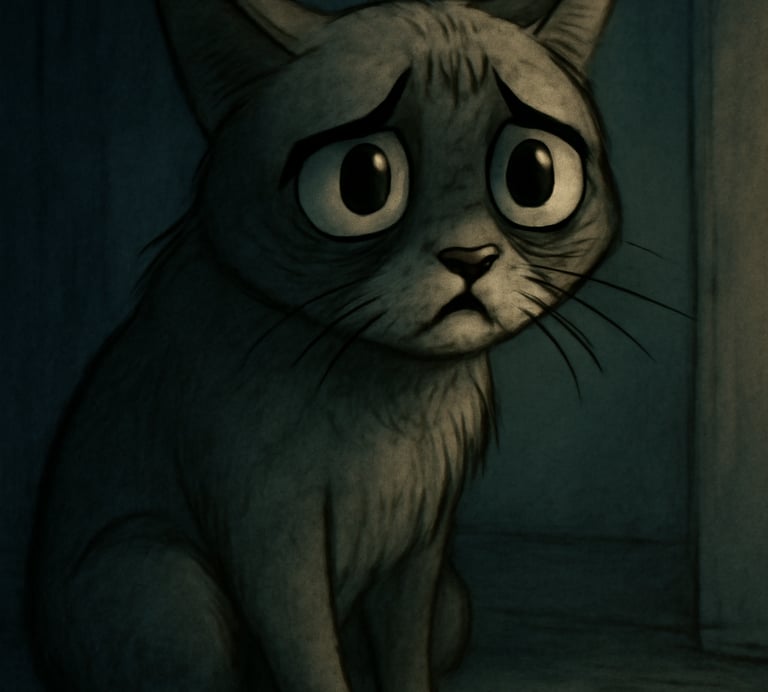 A grim image of a cat in a dark enviournment. The image seems to be negitive and dark.