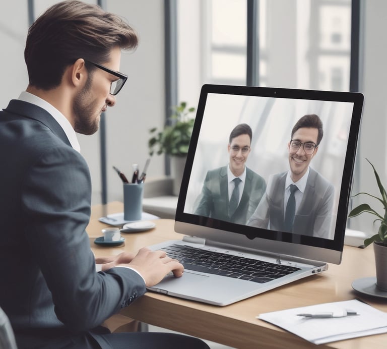 a man in a suit and tie is on a laptop computer