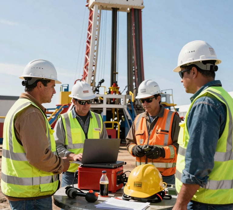 Engineers collaborating over digital models for oil field development.