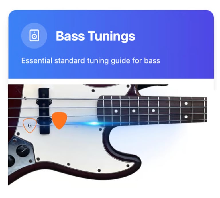 Essential standard bass guitar tuning guide featuring a 4-string electric bass with orange picks.