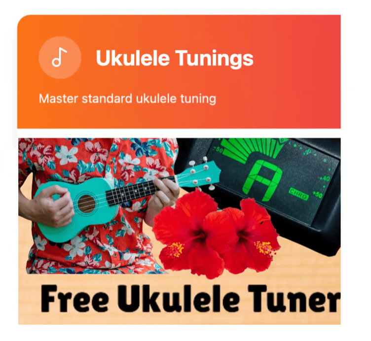 A person playing a blue ukulele with a digital chromatic tuner and red hibiscus flowers.